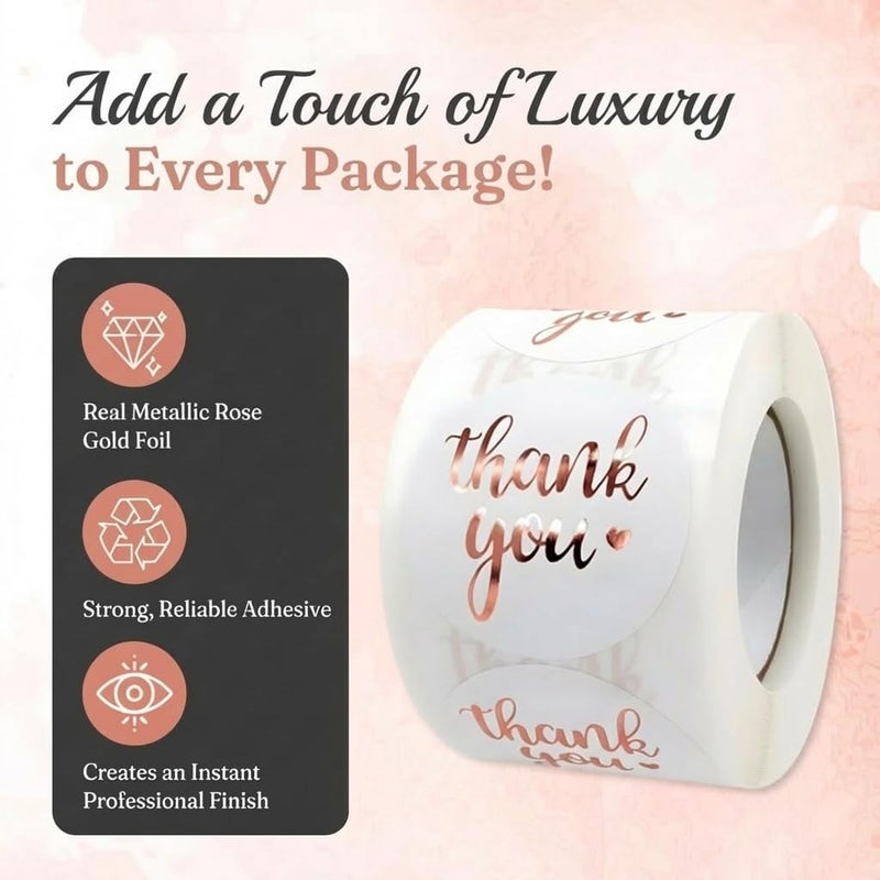 IBAKE 500 Thank You Stickers Roll – 1.5" Round White Labels with Rose Gold Foil | Self-Adhesive Gold Thank You Stickers for Packaging, Gift Bags, Weddings, Envelopes & Small Business Orders - Image 3